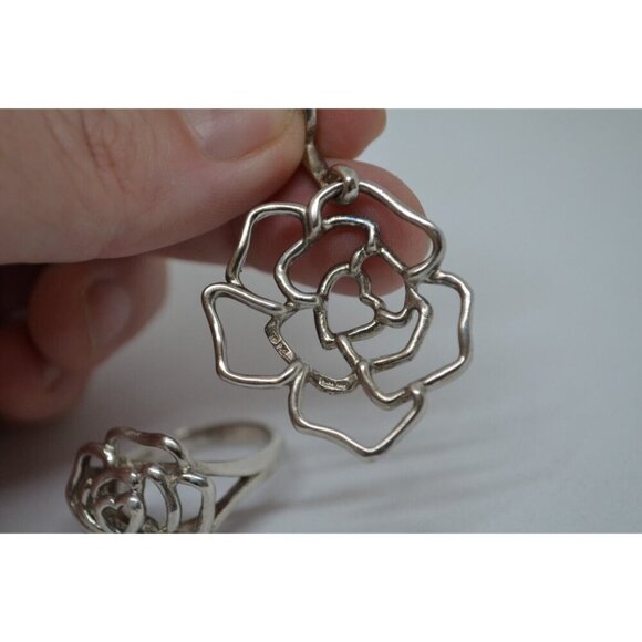 Sterling Silver Pendant & Ring Set Rose Outline w Heart Center NF Thailand 925 - Picture 11 of 11